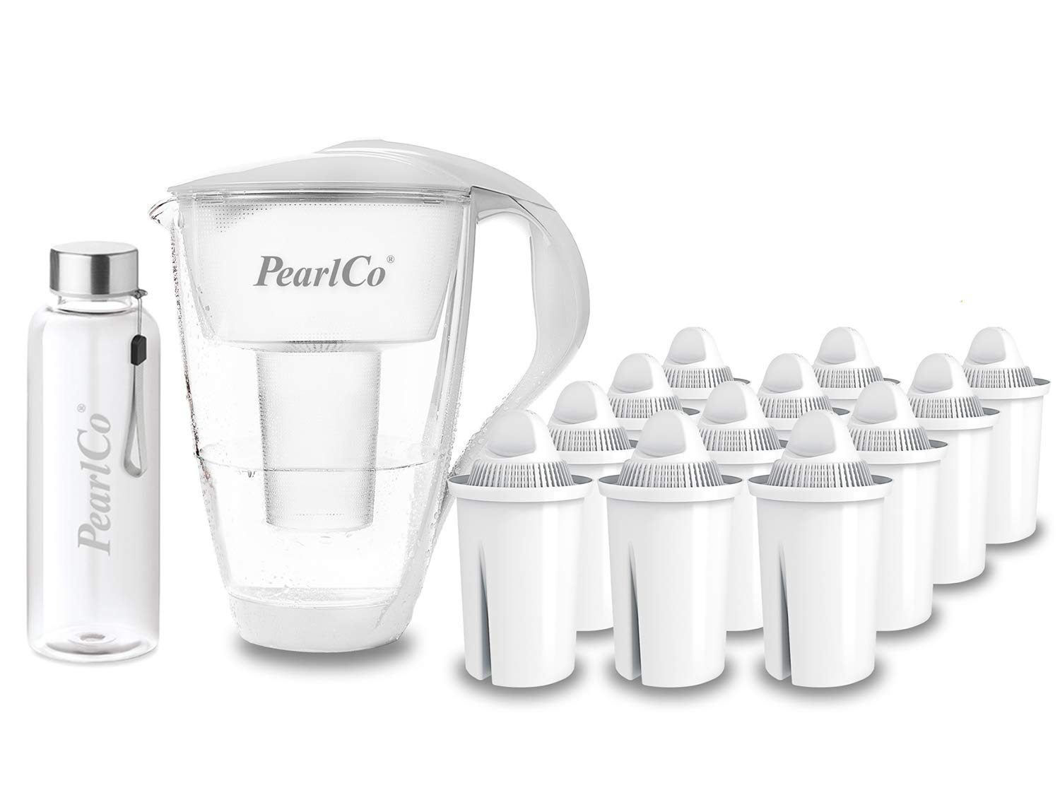 perlopur® Glas-Wasserfilter (weiß) +12 Kart. Universal +Glas-Trinkfl. | Borosilikatglas, 2 l gesamt, 1 l gefiltert, LED-Anzeige, für classic Kartuschen, reduziert Kalk, Chlor & andere Schadstoffe