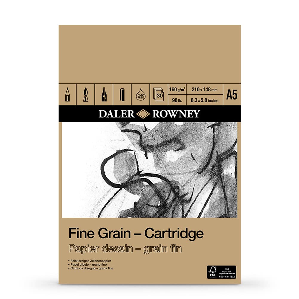 Daler-Rowney Fine Grain Lightly Textured 160gsm A5 Cartridge Drawing Paper Pad, Glued 1 Side, Acid-free, 30 White Sheets, For Professional Artists & Students