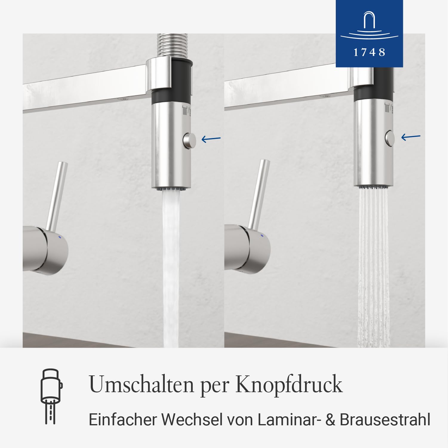 Villeroy & Boch Steel Expert Compact Küchenarmatur, Höhe 143 mm – Edelstahl | Umschaltfunktion, 360° schwenkbarer Auslauf mit Spiralfeder, Laminarstrahl, Hochdruck, 927300LC