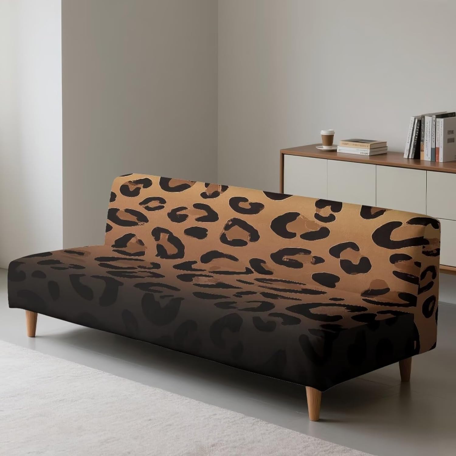 Brown Leopard Print Futon Sofa Cover Armless Easy Going Stretch Slipcover Non Slip Futon Couch SLipcovers with Elastic Bottom Furniture Protector