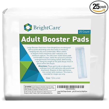 BrightCare Extra Absorbent Large Adult Diaper Booster Pad Liner Inserts Doubler Locks In Moisture Throughout The Day or Night with +18 oz Absorbency (25 Count)