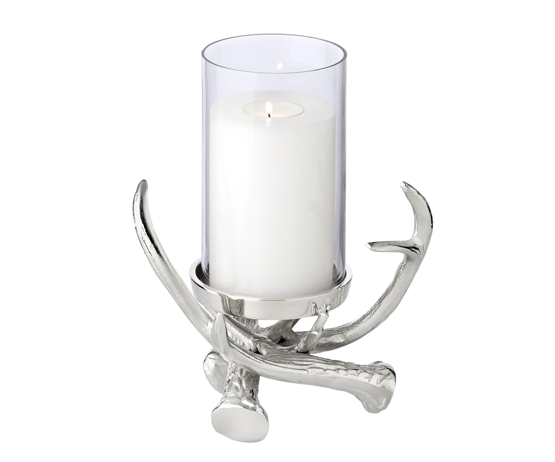 Kerzenhalter Blitu aus vernickeltem Aluminium mit Glas, Geweih-Design (Höhe 25 cm, für Stumpenkerzen Ø 8 cm)