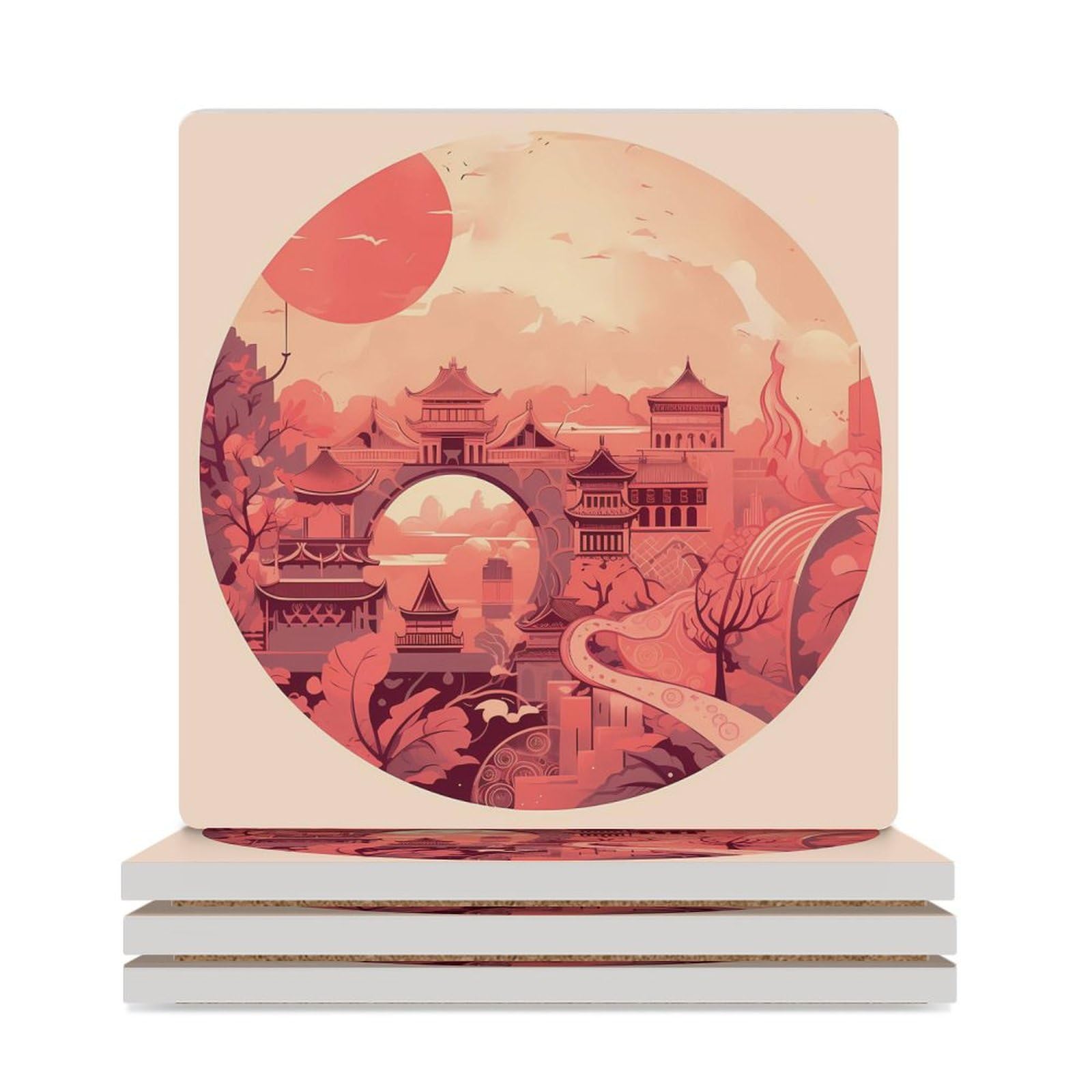 Dessous de verre carrés en céramique absorbante style asiatique, lot cadeau de 4 pièces