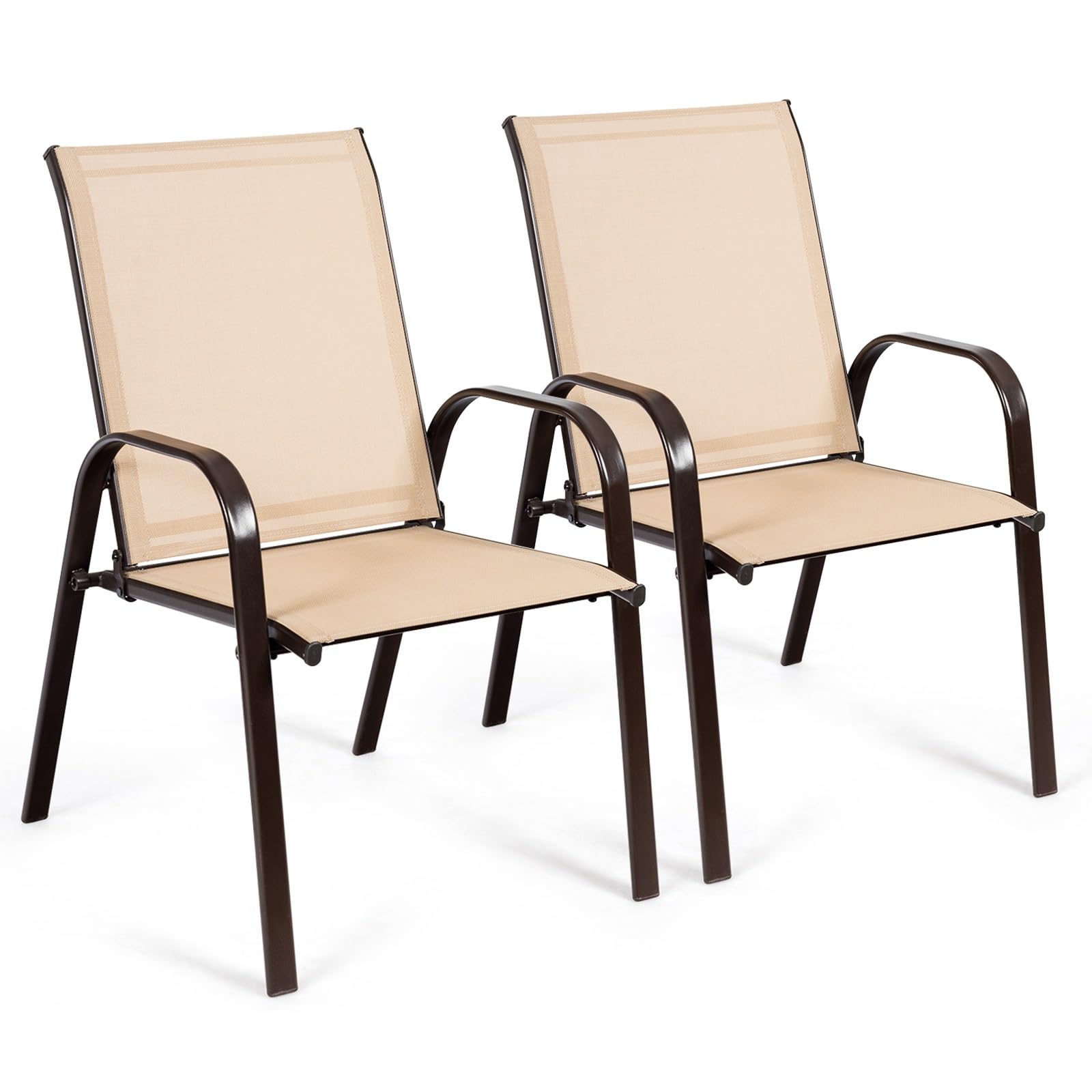 COSTWAY Set of 2 Patio Chairs, Portable High Back Garden Dining Chairs with Armrests, Outdoor Steel Frame Camping Chairs for Deck, Balcony, Yard and Beach (Beige)