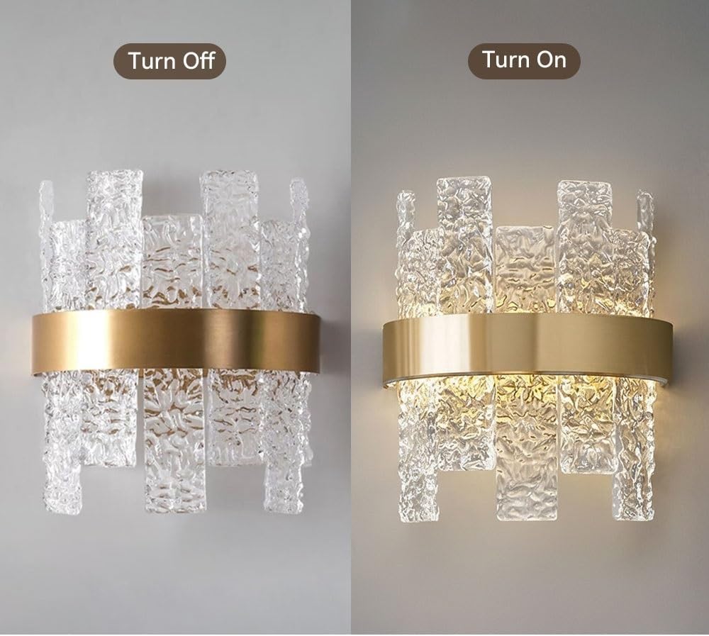 Modern Brass LED Wall Sconce, Rippled Glass Wall Lamp, Post Modern Minimalist Gold Light Fixture, Brushed Metal Accent for Living Room TV Wall Bedroom Bedside Hallway Corridor Hotel Parlor
