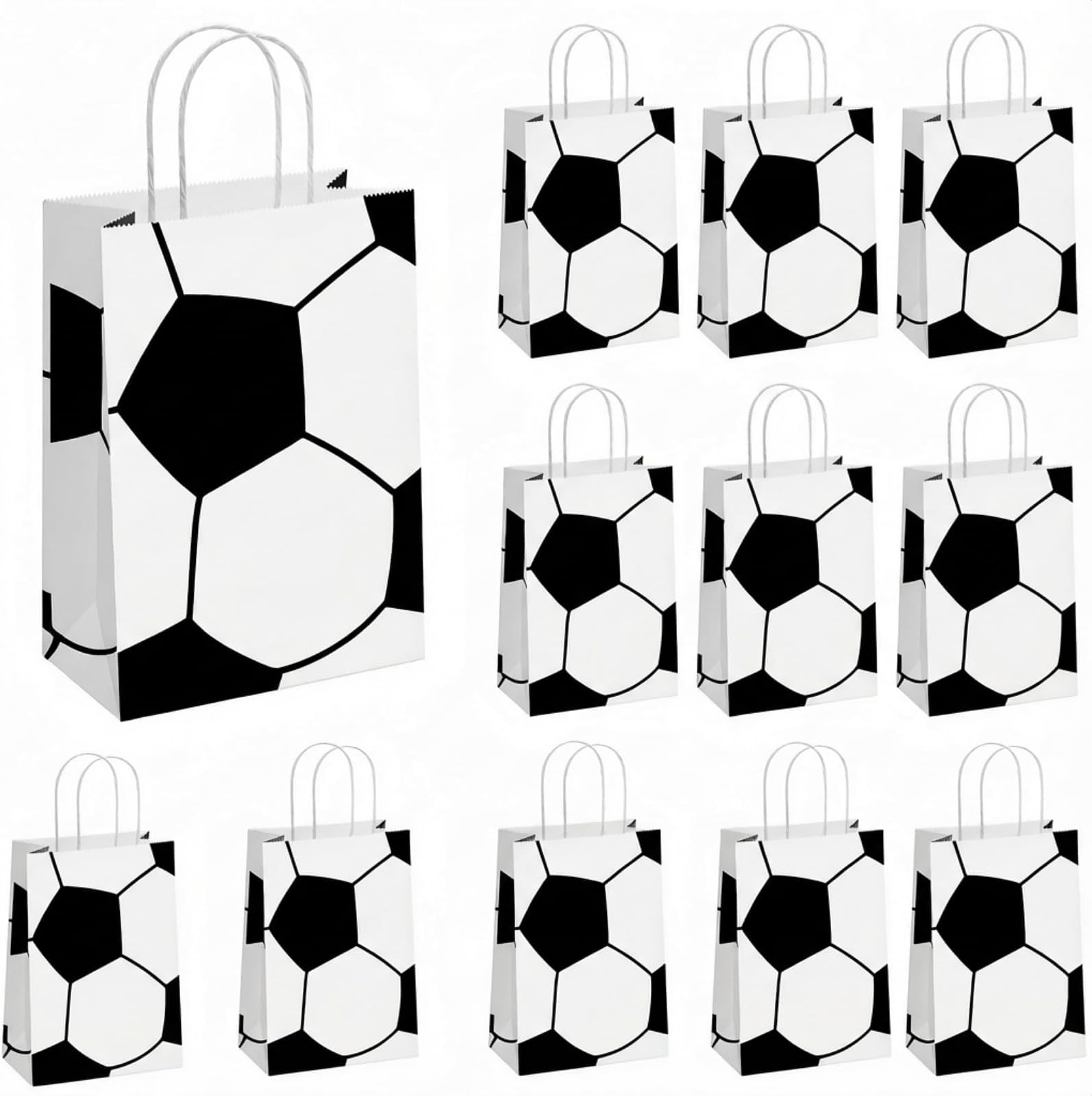 12 Pcs Soccer Party Favor Bags with Handles, Soccer Themed Party Gift Bags for Kids Birthday, Kraft Paper Soccer Goodie Bags, Football Treat Candy Bags for Soccer Team Gifts, Sports Party Supplies