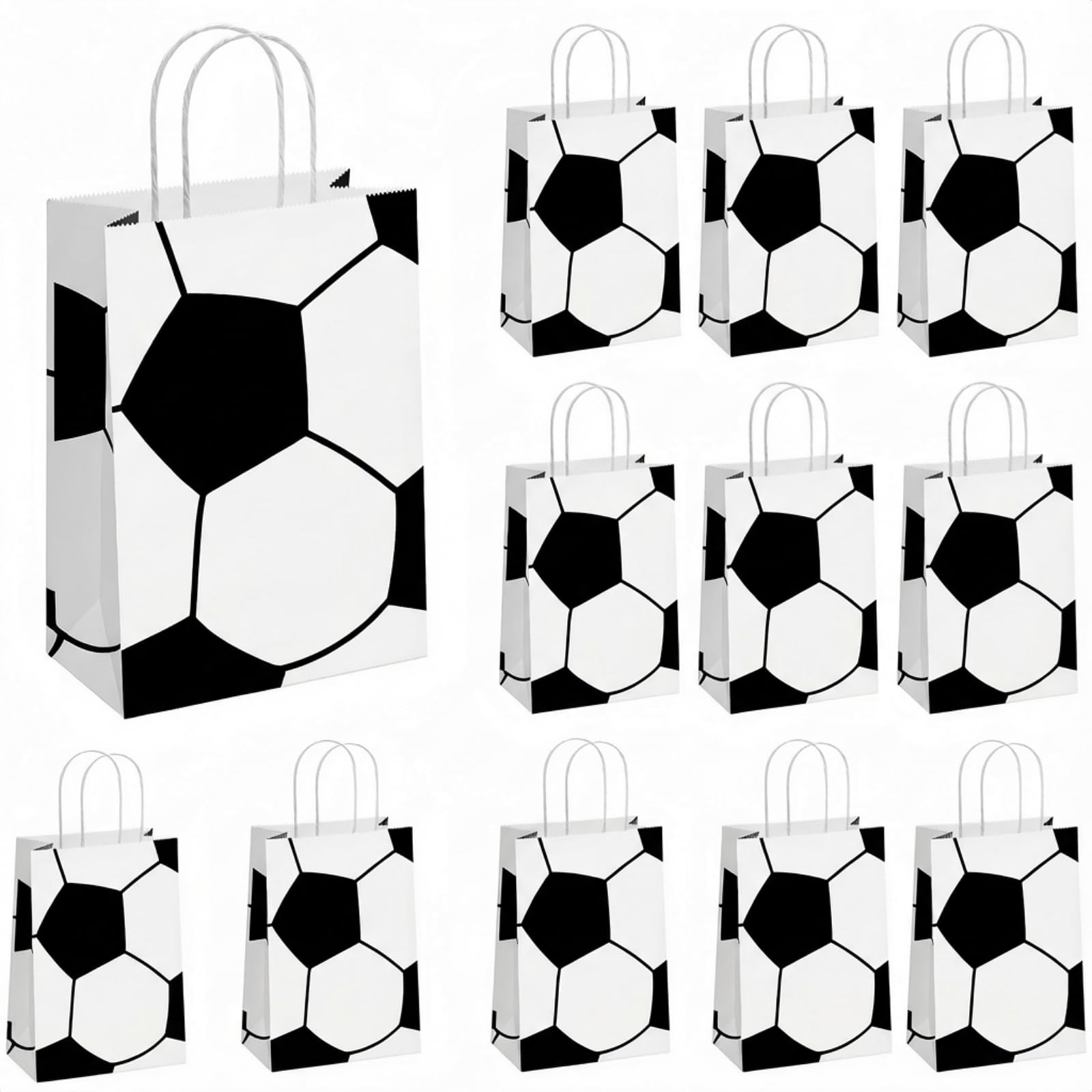 12 Pcs Soccer Party Favor Bags with Handles, Soccer Themed Party Gift Bags for Kids Birthday, Kraft Paper Soccer Goodie Bags, Football Treat Candy Bags for Soccer Team Gifts, Sports Party Supplies