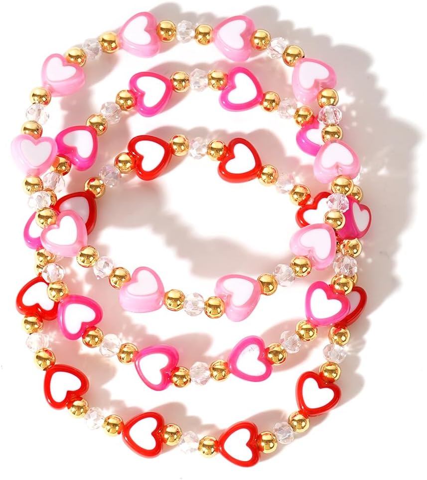 Valentines Surfer Beach Heishi Bracelets for Women Stackable Rainbow Y2K Heart Clay Beaded Stretch Bracelet, Boho Layering Friendship Bracelets Set Jewelry Gift.