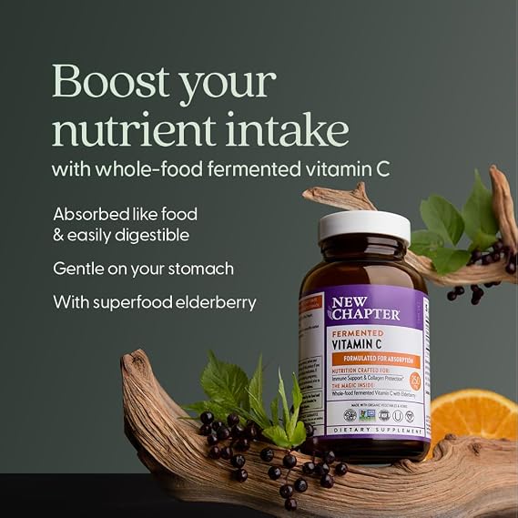 New Chapter Fermented Vitamin C + Elderberry, ONE Daily for Immune Support & Collagen Protection, Made with Organic Herbs, Certified Vegan, Gluten Free, 60 Count
