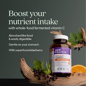 New Chapter Fermented Vitamin C + Elderberry, ONE Daily for Immune Support & Collagen Protection, Made with Organic Herbs, Certified Vegan, Gluten Free, 60 Count