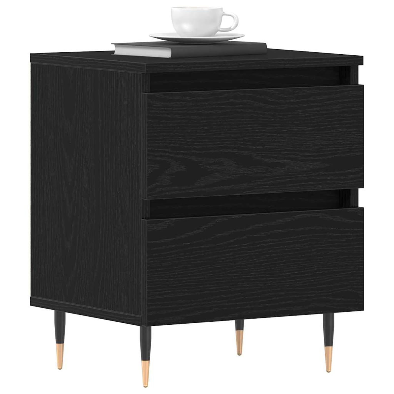 Nachttisch Schwarz Eichen-Optik 40x35x50 cm Holzwerkstoff mit 2 Schubladen | Modernes Design mit kegelförmigen Metallbeinen, langlebiger Holzwerkstoff, einfache Pflege mit feuchtem Tuch