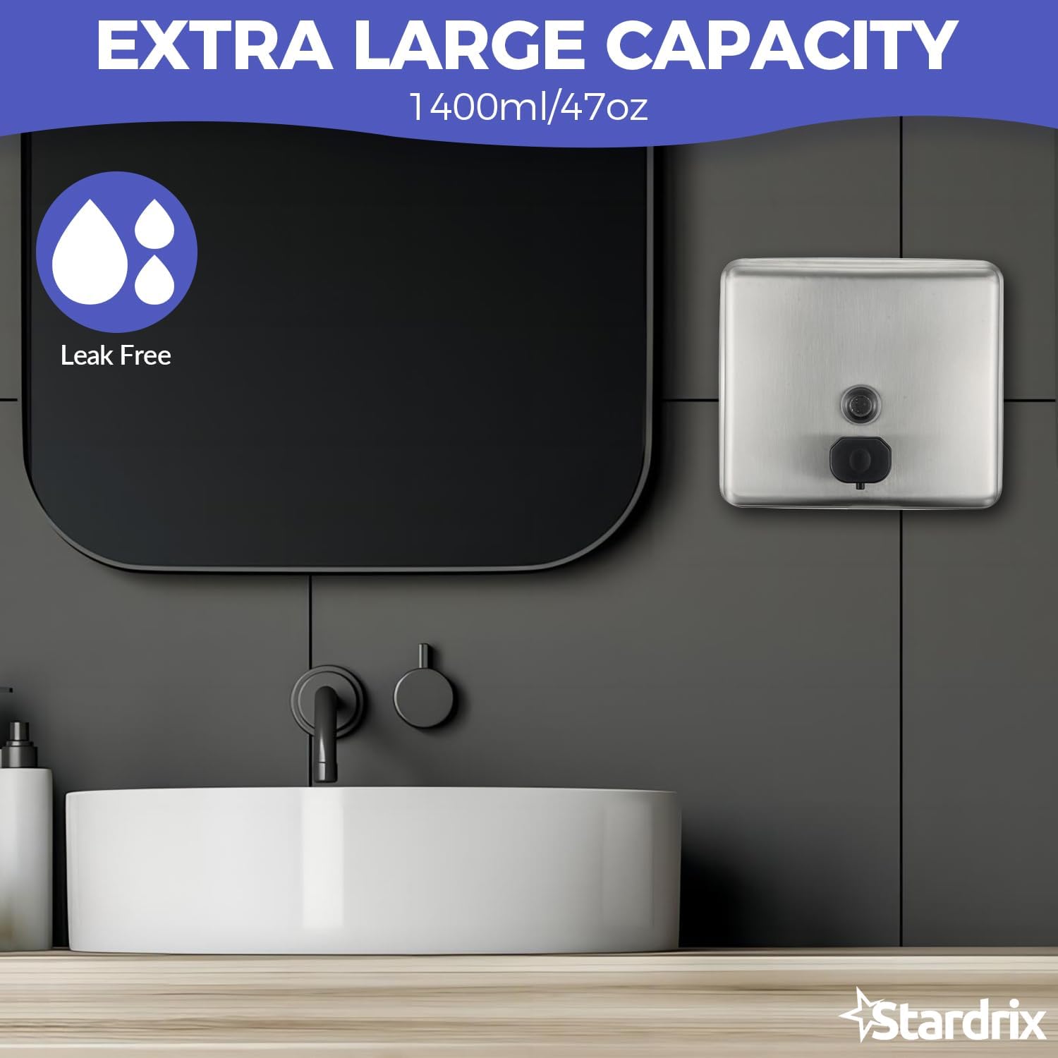 Stainless Steel Extra Large 1400ml/47oz Capacity Industrial Grade Soap Dispenser, Commercial Wall Mount Bathroom Hand Soap Dispenser with Corrosion Proof Lining and Anti-Leak Pump - Image 2