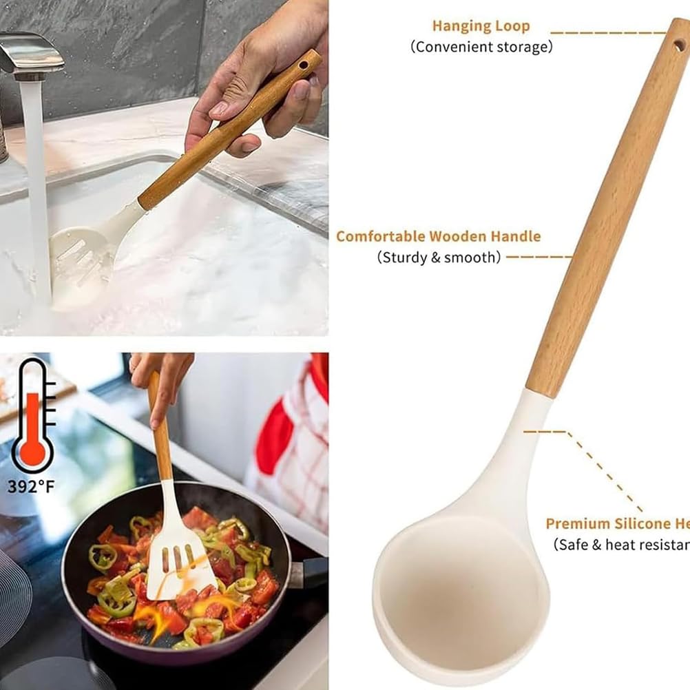 Juego de espátulas de Olla de Silicona de 12 Piezas con Mango de Madera, Cuchara, espátula, Utensilios de Cocina, Resistente al Calor, Recubrimiento Antiadherente