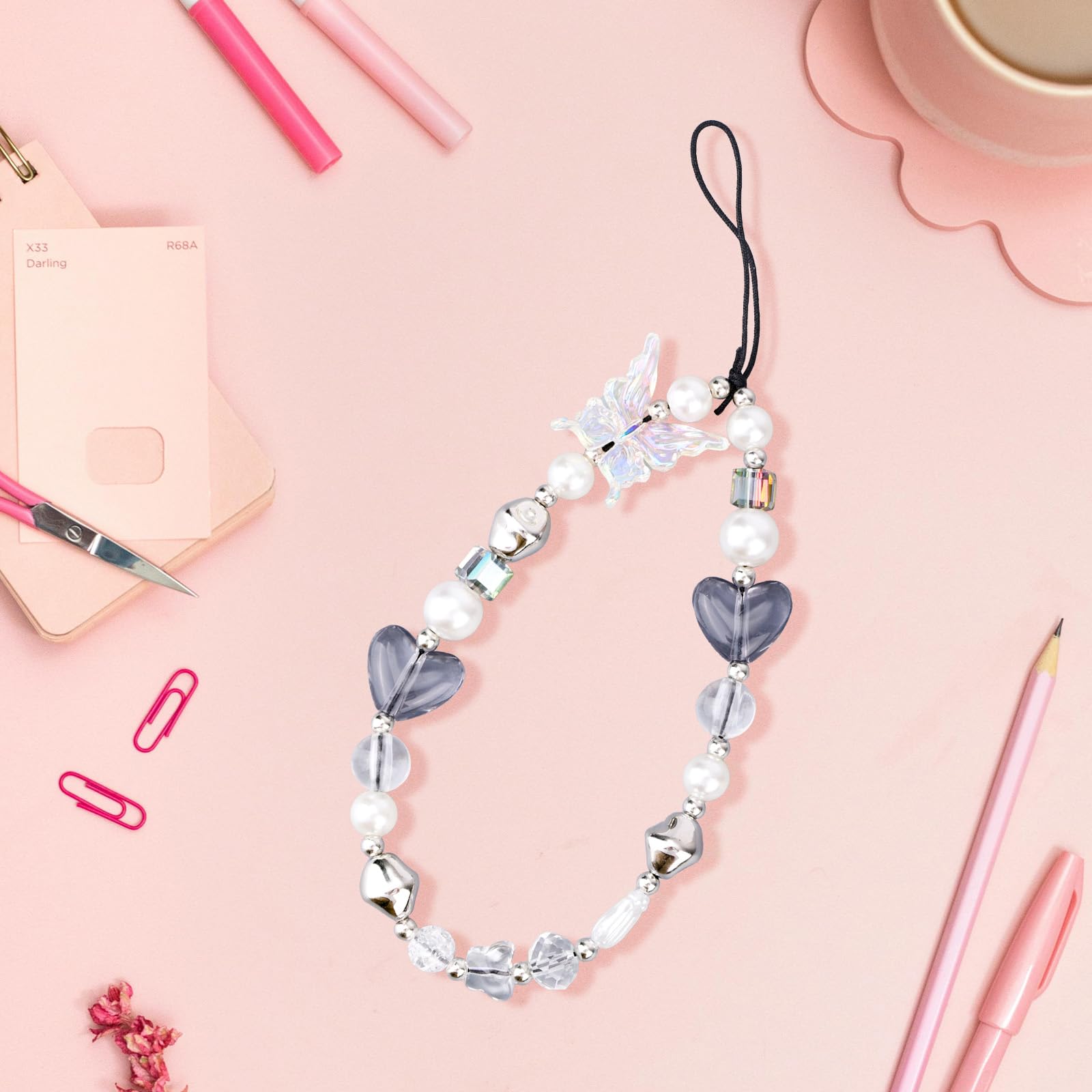 Gosknor Sangle de Téléphone à Perles, Joli Bracelet de Téléphone Portable Y2K en Forme de Cœur et de Papillon pour Portefeuilles Appareils Photo Porte-Clés Sacs à Dos Accessoires