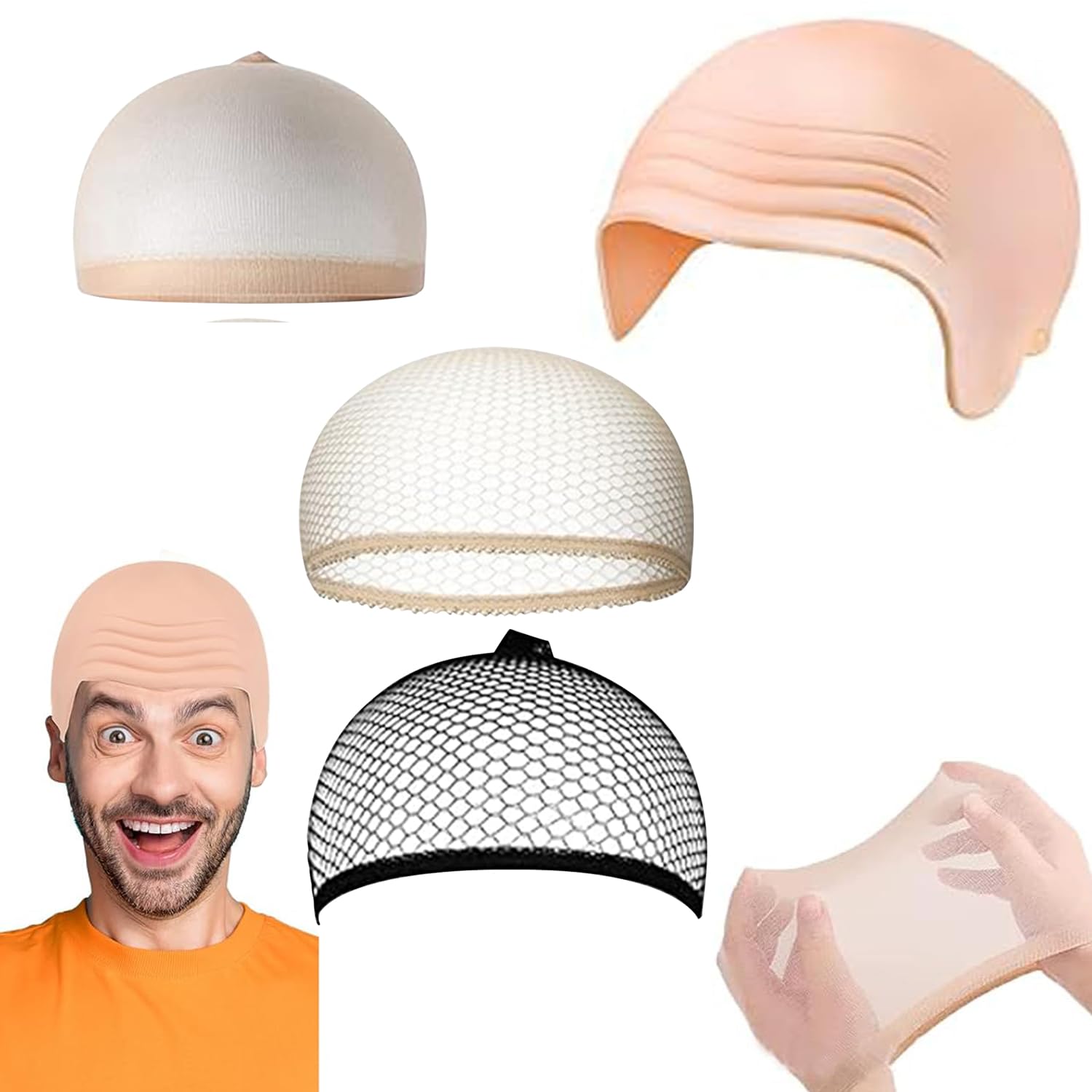 Vexran 4 PCS Halloween Bald Cap, Smooth and Odorless Bald Cap with 3 Hair Nets, Fancy Dress Cosplay Hat Wig Cap Fake Bald Wig Costume Accessory for Stage Plays,Movies,Club Activities Halloween Party