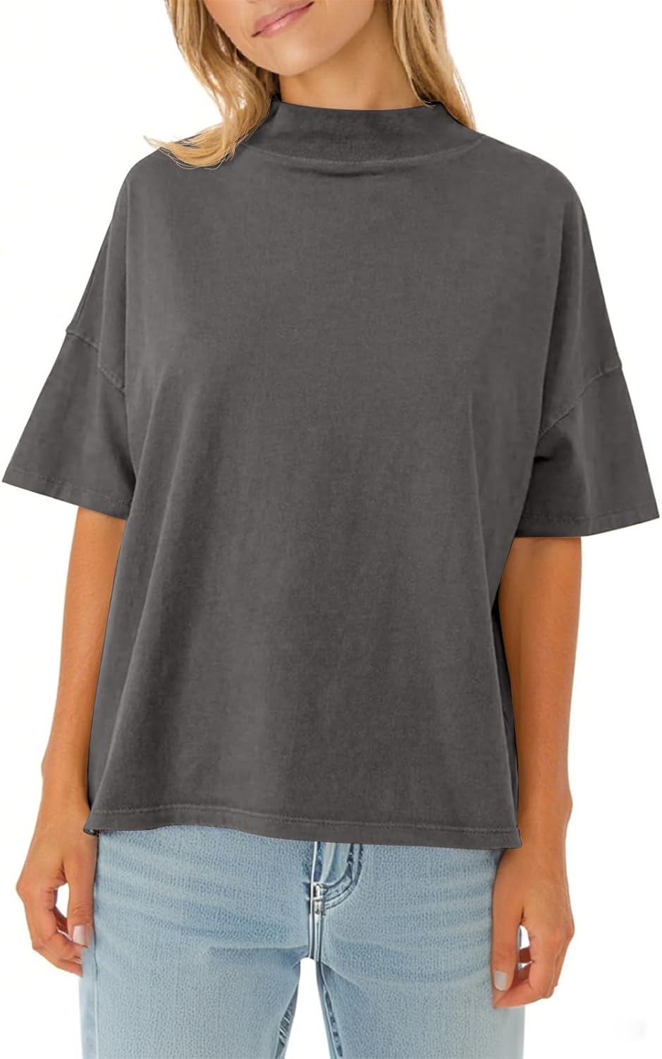 Womens Casual Short Sleeve Mock Neck T Shirts Summer Loose Fit Basic Plain Tee Tops