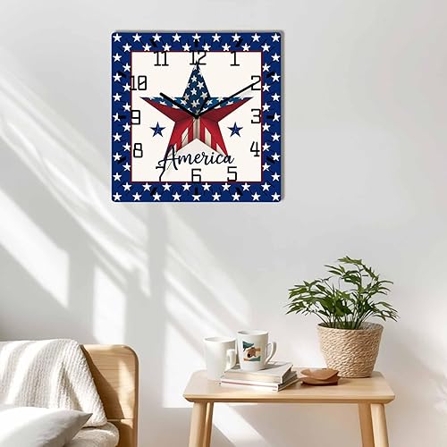 Miniatura 2 de 4th of July Wooden Wall Clock Silent Non Ticking, Square Wall Clock Battery Operated, Decor Clock for Home Office, Living Room, Kitchen, 12 Inch