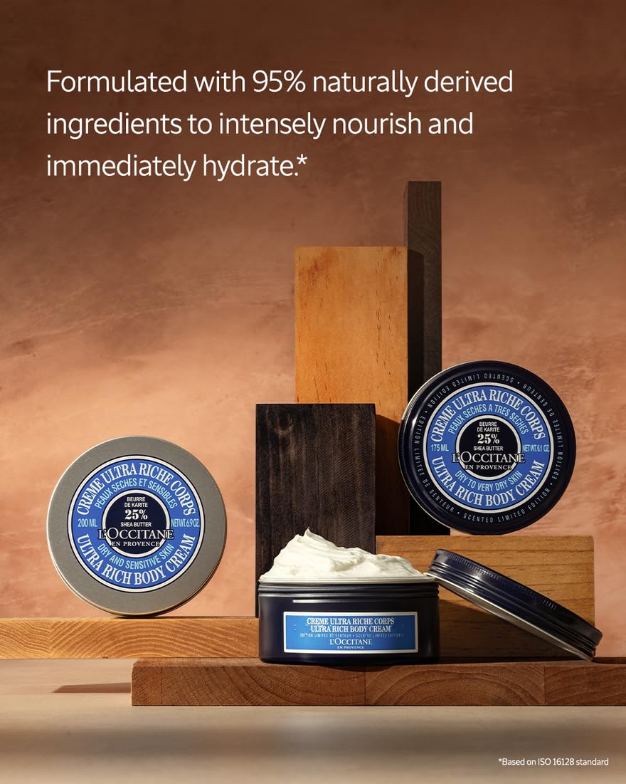 L’Occitane Shea Butter Ultra Rich Body Cream, Nourishing Moisturizer for Dry, Sensitive Skin, Fast Absorbing, Refillable, Vegan Skincare, Light Scent