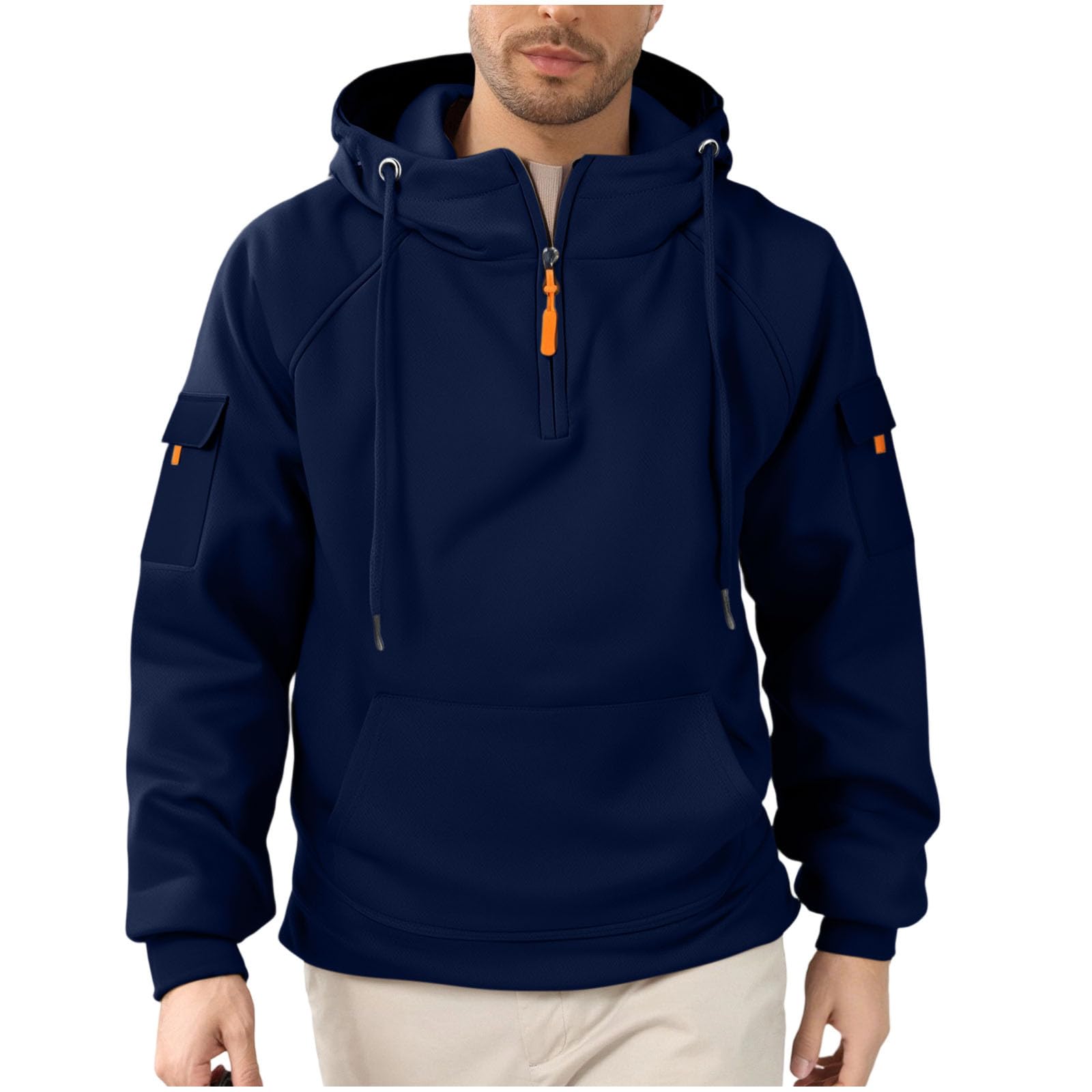 Sweat A Capuche Homme Grande Taille,Pull À Capuche Homme Zippé,Veste Hommes Hiver 2025 Col Roulé,Sweat-Shirt De Travail pour Hommes Plusieurs Poches,Gilet Fermeture Éclair Rétro