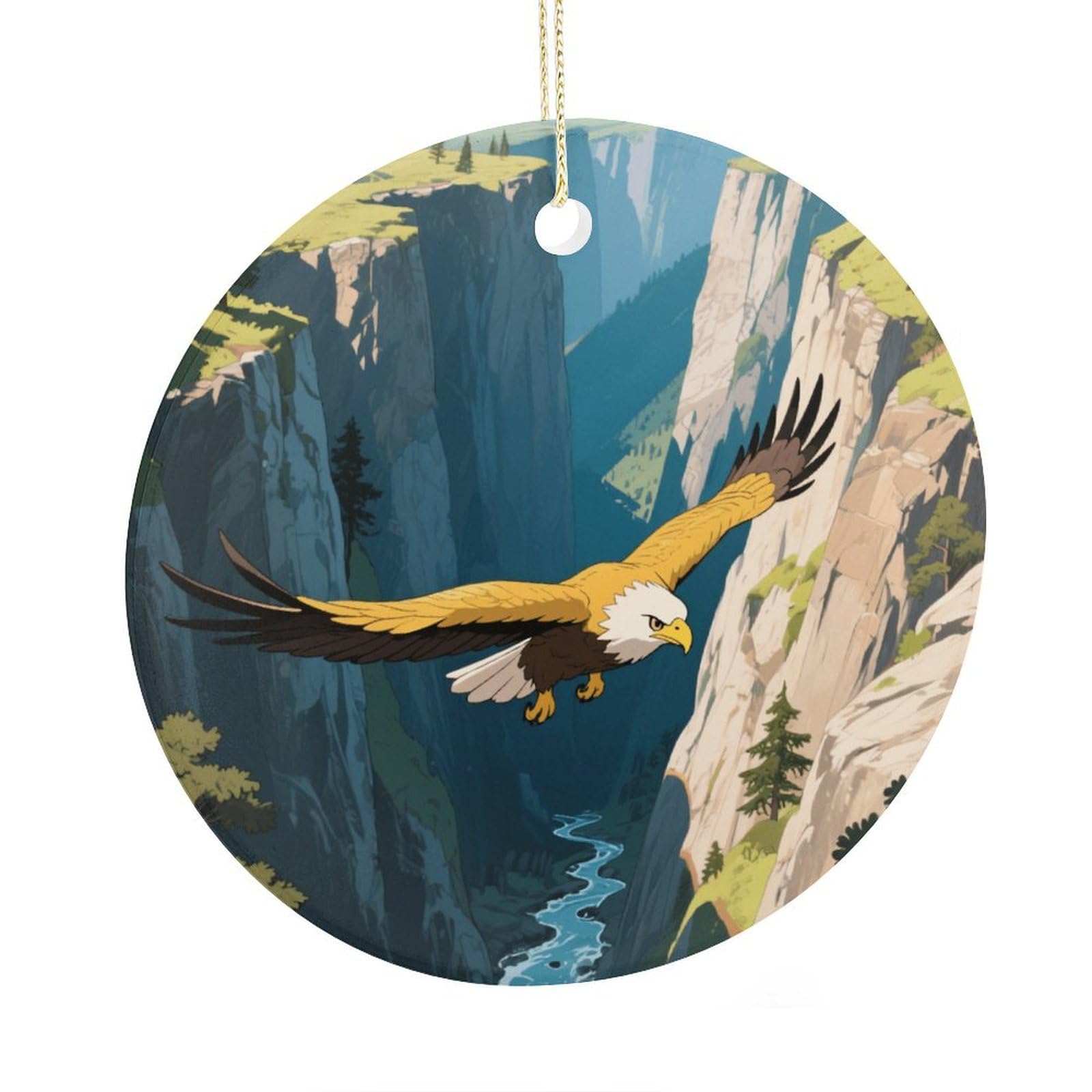 Fekiloot Style Golden Eagles In The Valley Christmas Ornaments 2.9 Inch Round Ceramic Ornament Keepsake Thank You Gifts For Office, Room, Home - Holiday Present Ideas