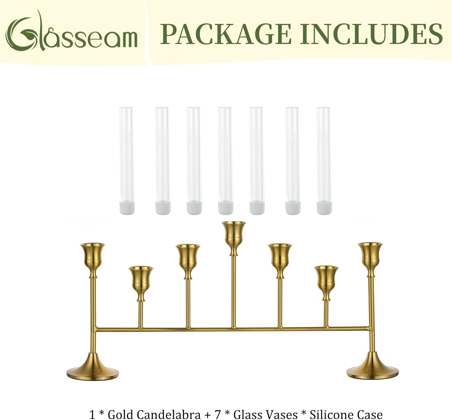 Bud Vases with Candlestick Holders: Glasseam 7PCS Small Glass Vase for Flowers & Gold Taper Candle Holders for Wedding Decor 5.9’’ Skinny Clear Vase & Silicon Case for Floral Arrangements Tablescapes