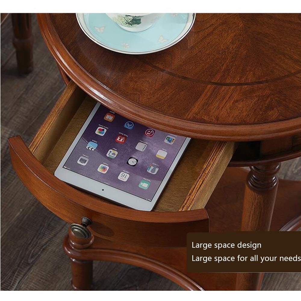 Table D'Appoint Ronde En Bois Massif - 50x50x66 Cm, Tiroir - Style Américain (Cerisier Ou Noyer) - 6