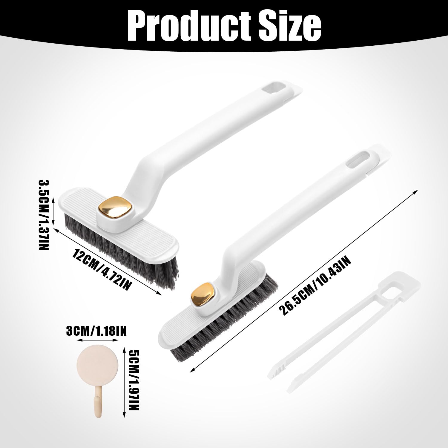 Rotating Crevice Cleaning Brush, Multi Function Crevice Brush Built-in Clamp Shovel 3 in 1 Hard Bristle Gap Cleaning Brush Cleaning Tool for Corners Bathroom Tile, 1 Hook (White)