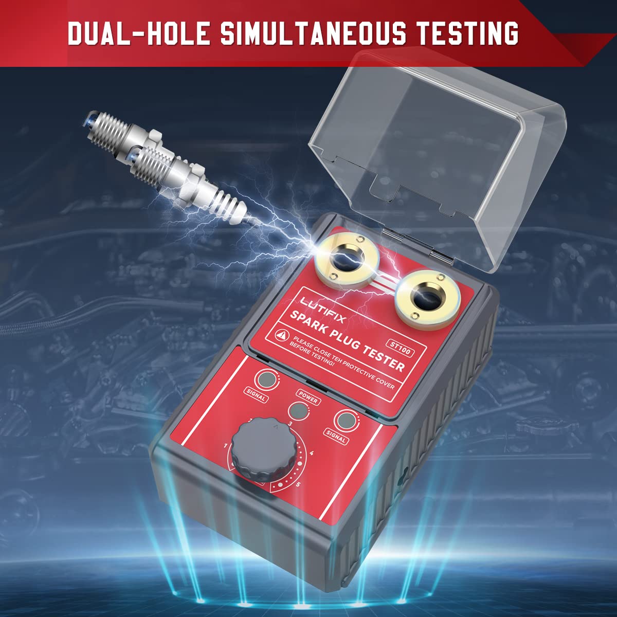 Tester per candele analizzatore di sistema per candele di accensione a doppio foro per autoveicoli con tester di accensione a doppi fori regolabili e coperchio protettivo Candela da 0 a 6000 giri/min