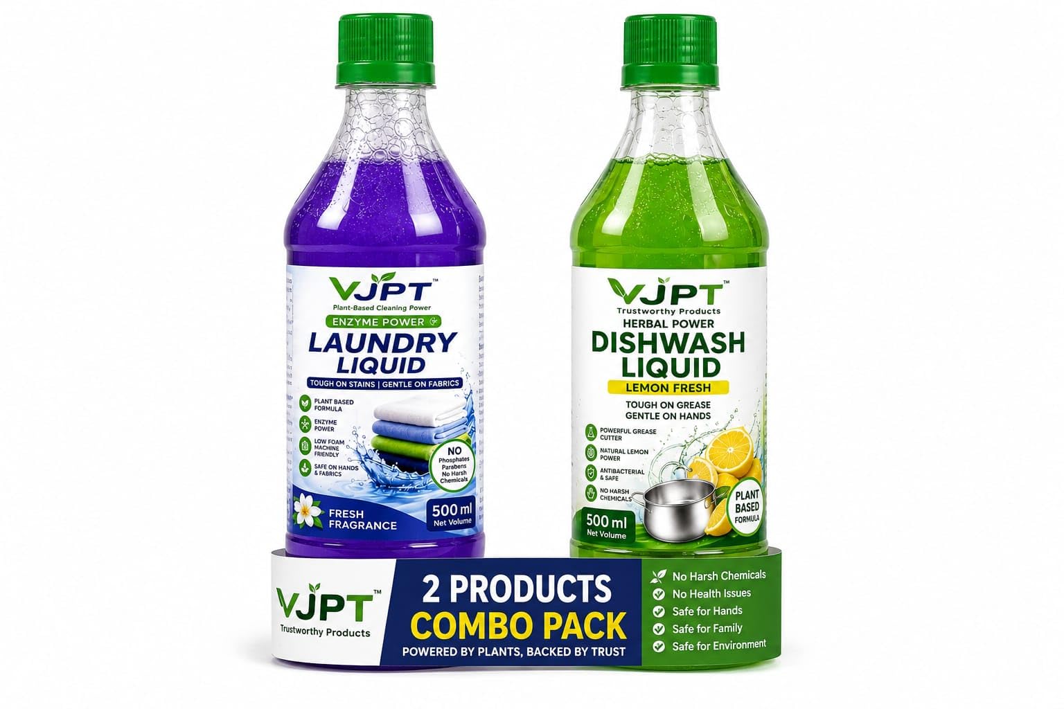 VJPT Plant-Based Cleaning Combo Pack – Laundry Liquid 500ml + Herbal Dishwash Liquid 500ml | Enzyme Power Laundry Detergent & Lemon Fresh Dishwashing | Tough on Stains & Grease-image-42