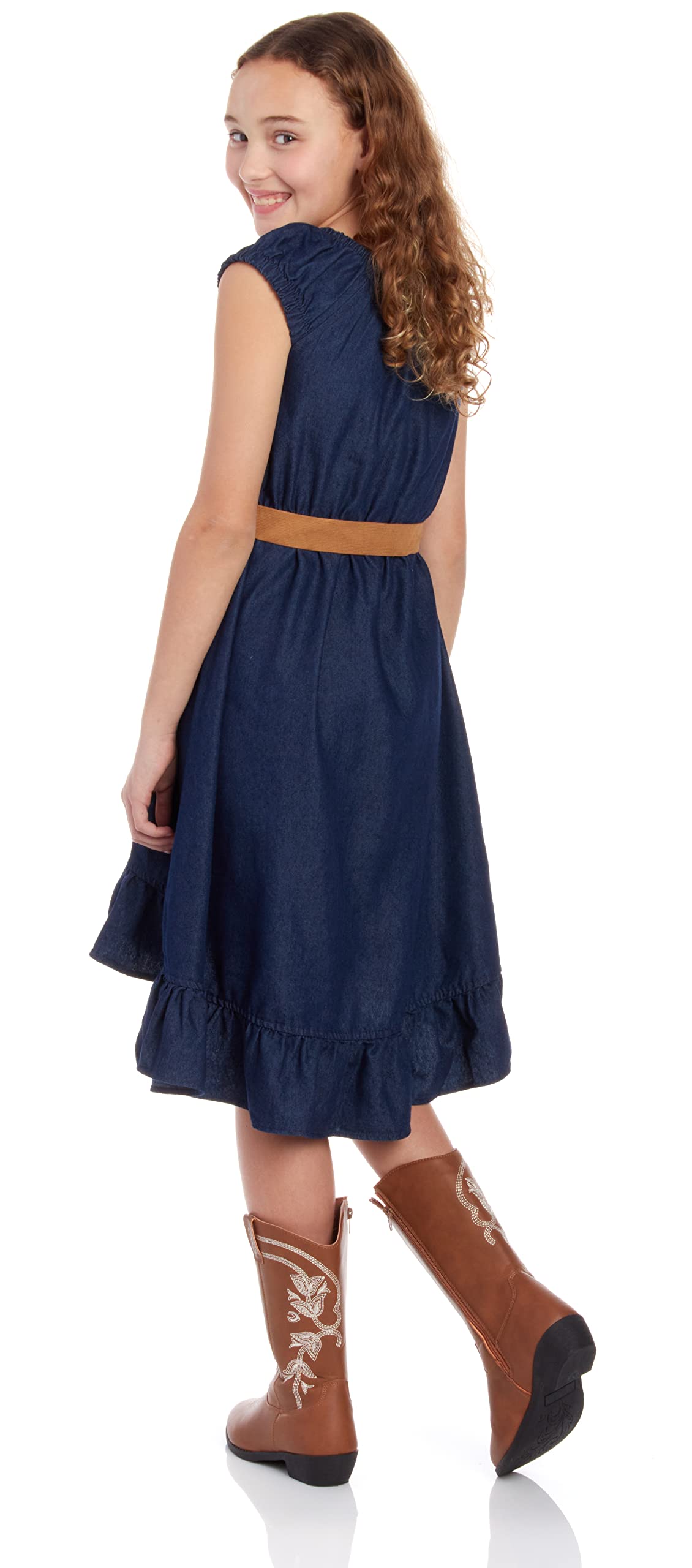 Dollhouse Girls' Denim Peasant Dress - Cap Sleeve Boho Style With Faux Leather Belt (Sizes 7-16) - View #11