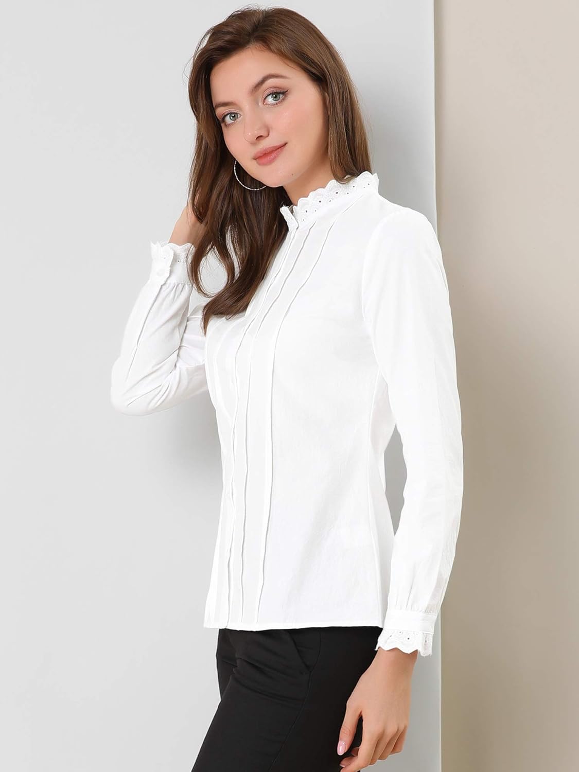 Allegra K Women's Mock Neck Blouse Ruffle Work Office Cotton Pleated Button Up Shirt - Image 4