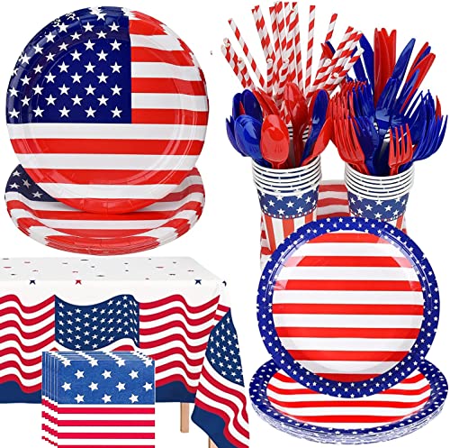 Bdecoll Service de table pour 16 invités USA 4 juillet américain pour fête GAmerique, fête, barbecue, jetable, décoration en papier