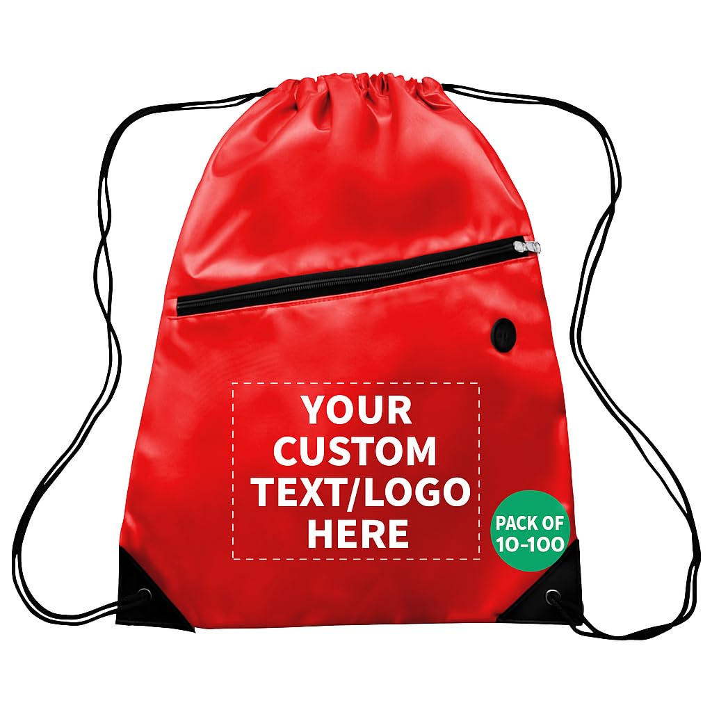DISCOUNT PROMOS Custom Drawstring Backpacks with Pocket Set of 10/50/100, Personalized Bulk Pack - Water Resistant, Perfect for Gym, Camping, Beach,