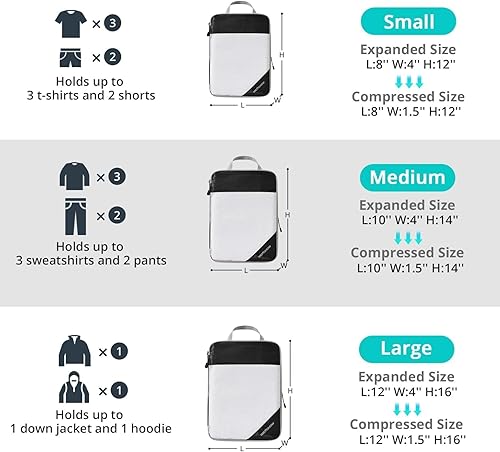 Vista 3 de Juego de 7 cubos de compresión para viajes, compresibles, ligeros y que ahorran espacio, artículos esenciales de viaje para mujer, color negro