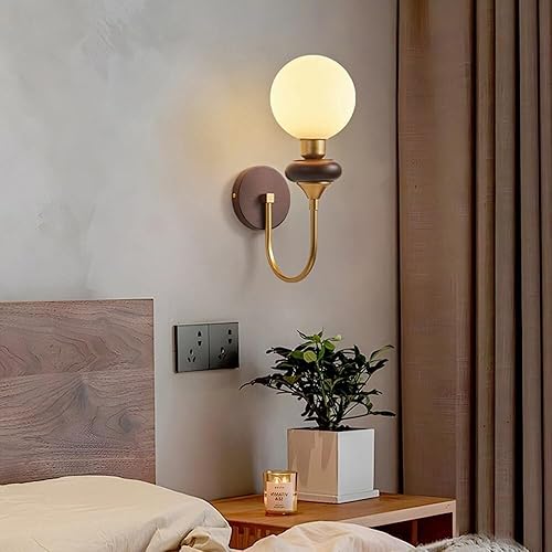 Miniatura 3 de Nordic Mid Century Wall Sconce Industrial Farmhouse Vintage Wood Wall Light with Globe Milk Glass Shade for Bedroom Living Room E26E27 Base