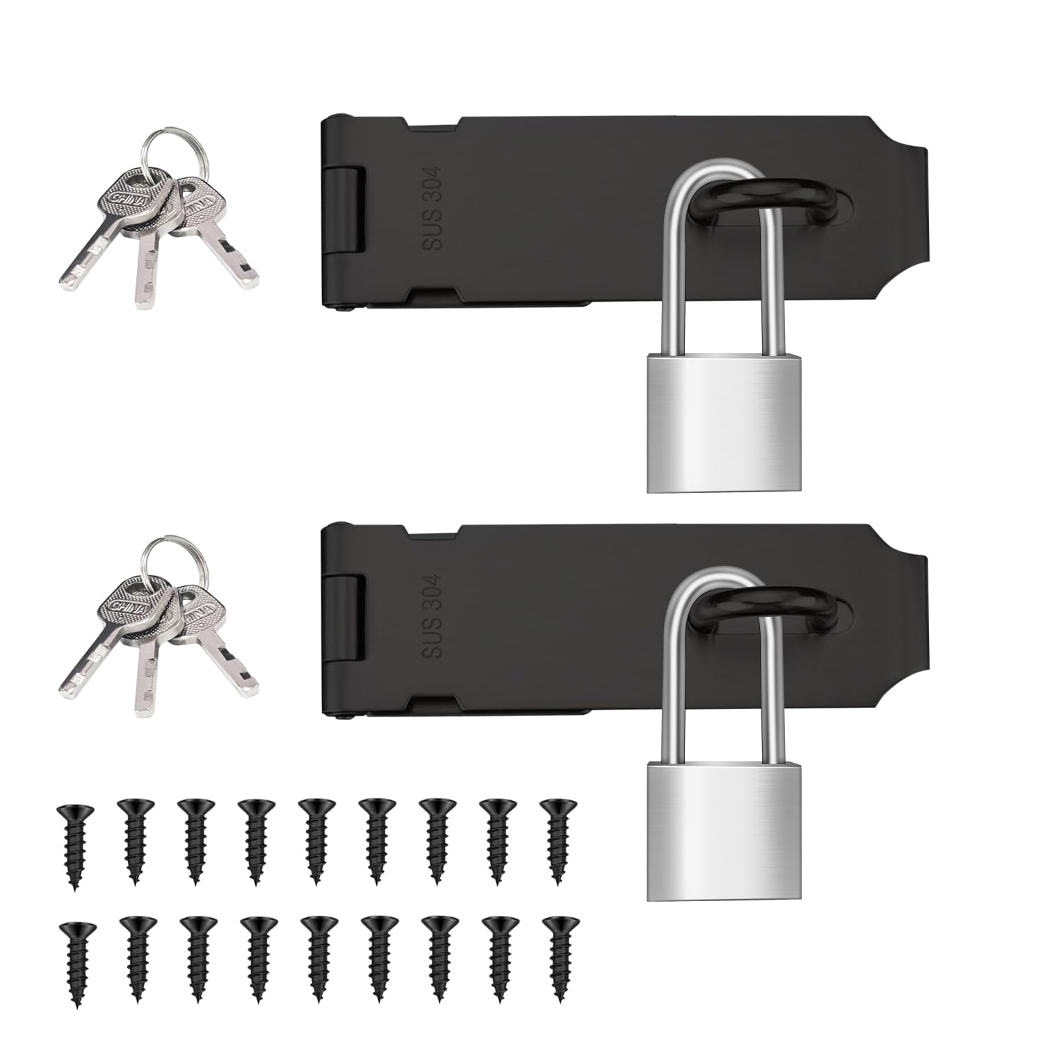 Padlock Hasp Latch 5 Inch, 2 Pack Stainless Steel Door Lock Latch with 1.5" Long Shackle, Heavy Duty Matte Black Gate Lock Hasp for Shed, Fence, Cabinet, Interior Door — Black