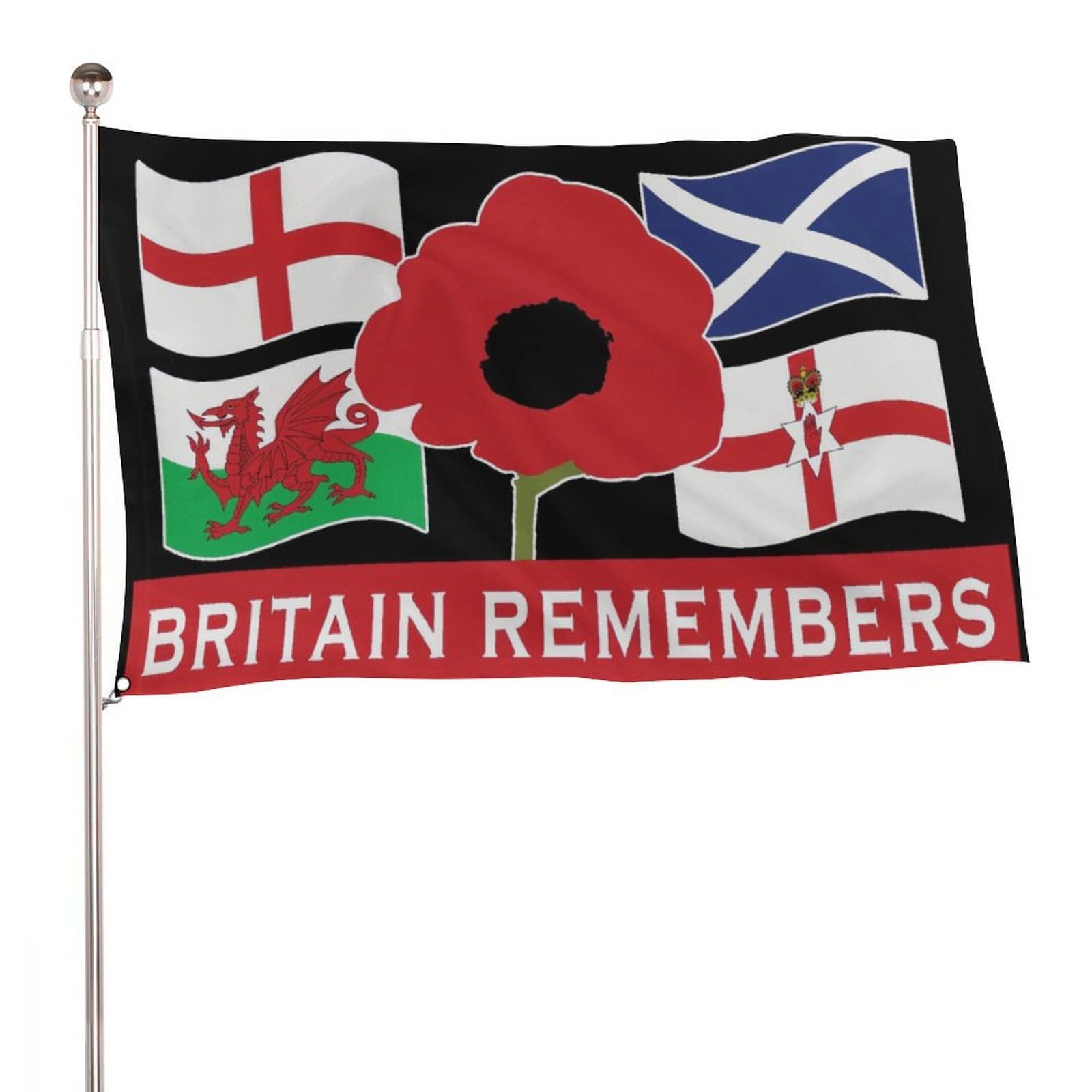 Britain Remembers Remembrance Day Flag Poppy Armistice Lest We Forget UK Flag 5x3 ft with 2 Metal Eyelets