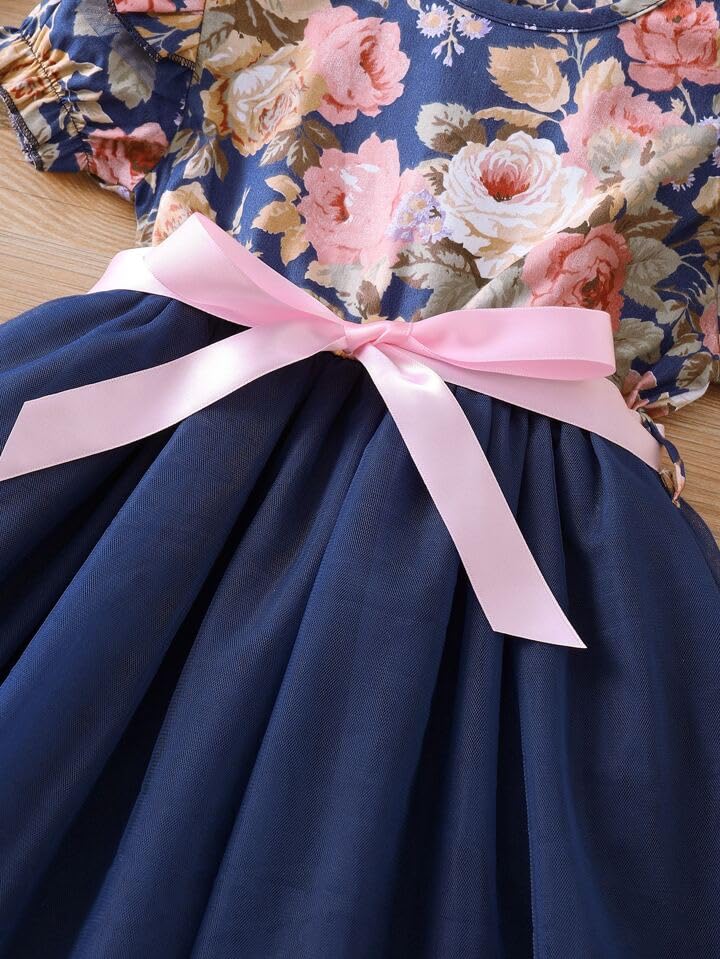 Image of TAGAS Floral Print Mesh Insert Ruffle Trim Belted Dress||Frock for Girls||Sleeve Less Dress for ||Fency Dress||(KD-144)