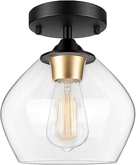 BesLowe Modern Semi Flush Mount Ceiling Light with Clear Glass Shade, Industrial Style, Black Finish with Gold Accent, Perfect for Kitchen, Hallway, Bedroom, Dining Room, Entryway, Foyer