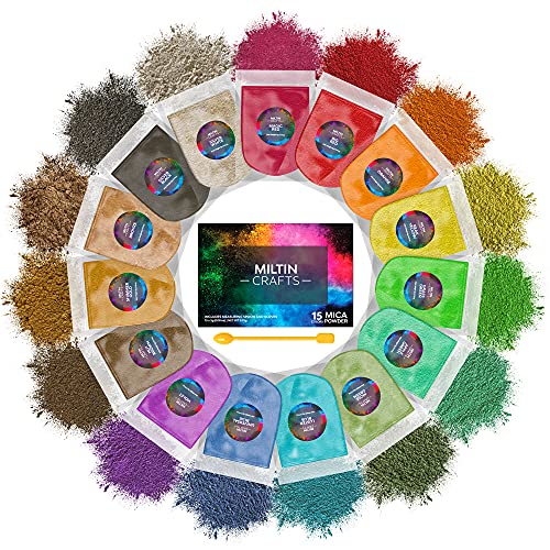 Miltin Crafts Mica Powders - 15 Vibrant Colours (5g/Bag) for Epoxy Resin Pigment Wax Melts Makeup Lip Gloss Candles Bath Bombs Nail Art Soap & Slime