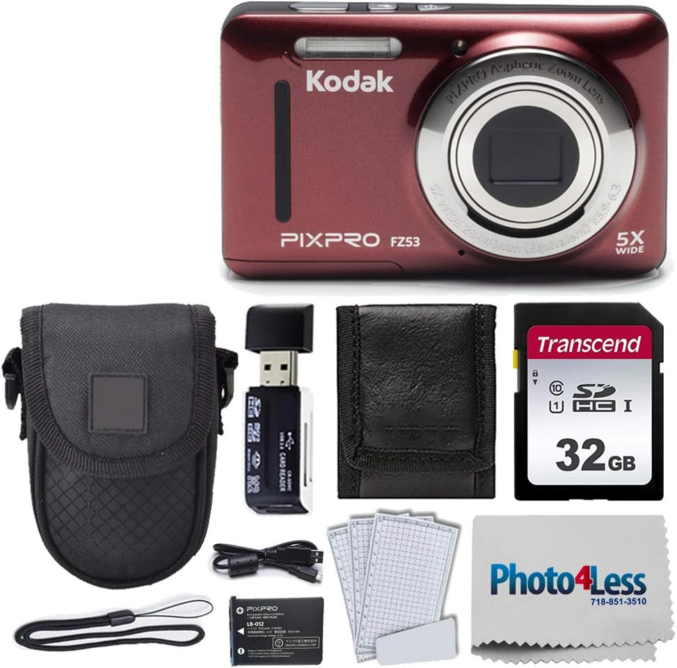 Kodak PIXPRO FZ53 16.15MP Digital Camera (Red) + Black Point & Shoot Case + Transcend 32GB UHS-I U1 SD Memory Card & More!