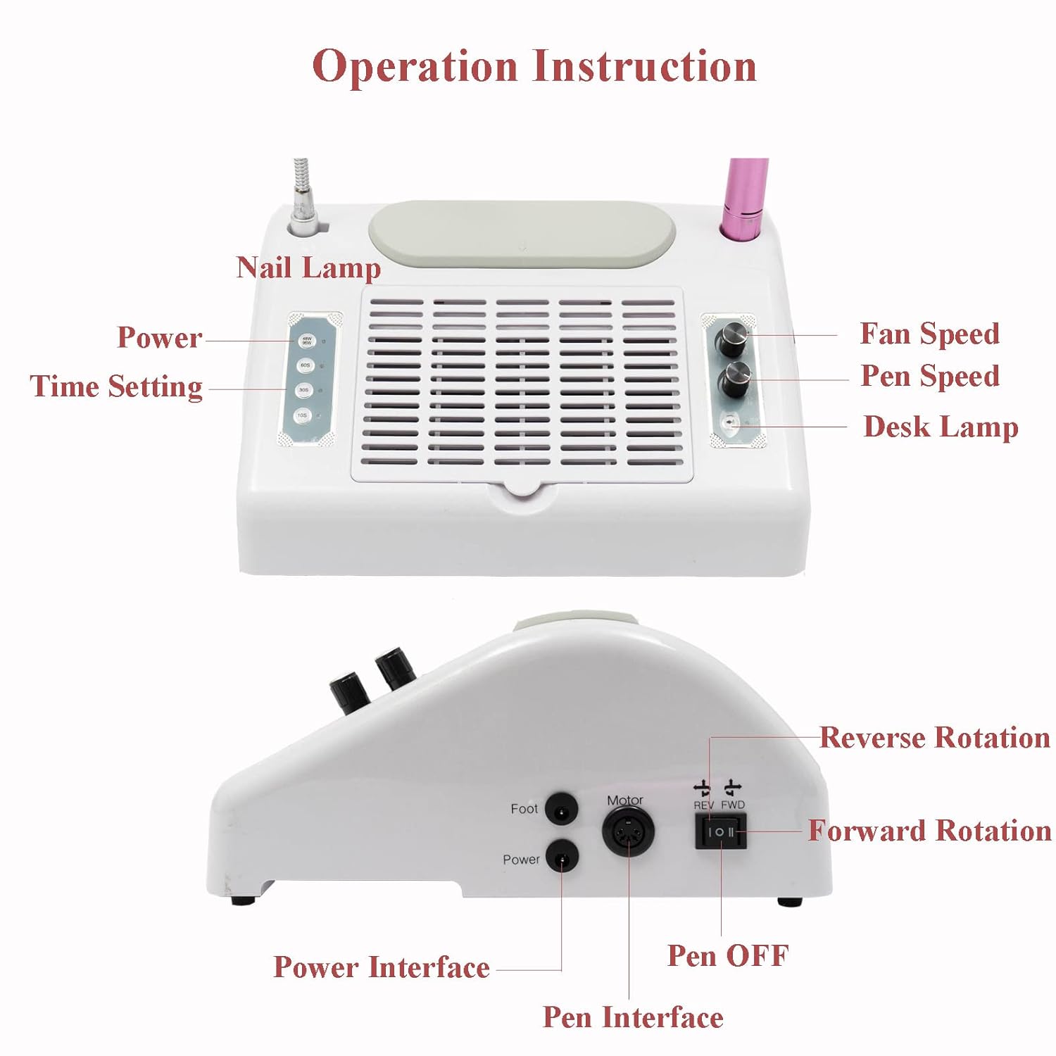 TFCFL 5 in 1 Nail Dust Collector, Professional Nail Vacuum Dust Collector + Electric Nail Drill + 96W UV Gel Nail Dryer Lamp + Hand Cushion + Desk Lamp for Salon & Home
