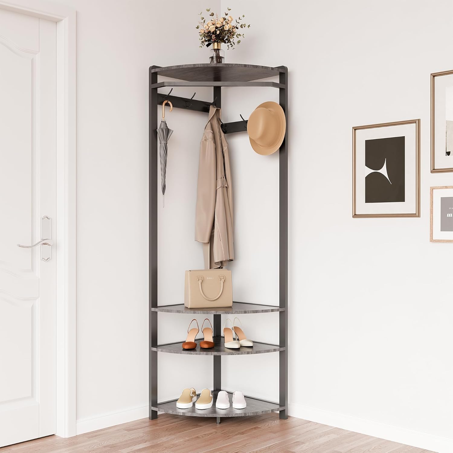 Garderobenständer Ecke, Eckgarderobe Metall mit 6 Doppelhaken/ Aufbewahrungsregal/ Schuhregal Offene Kleiderständer Flurregal Platzsparend Industrial Design für Flur Wohnzimmer Schlafzimmer Büro Grau