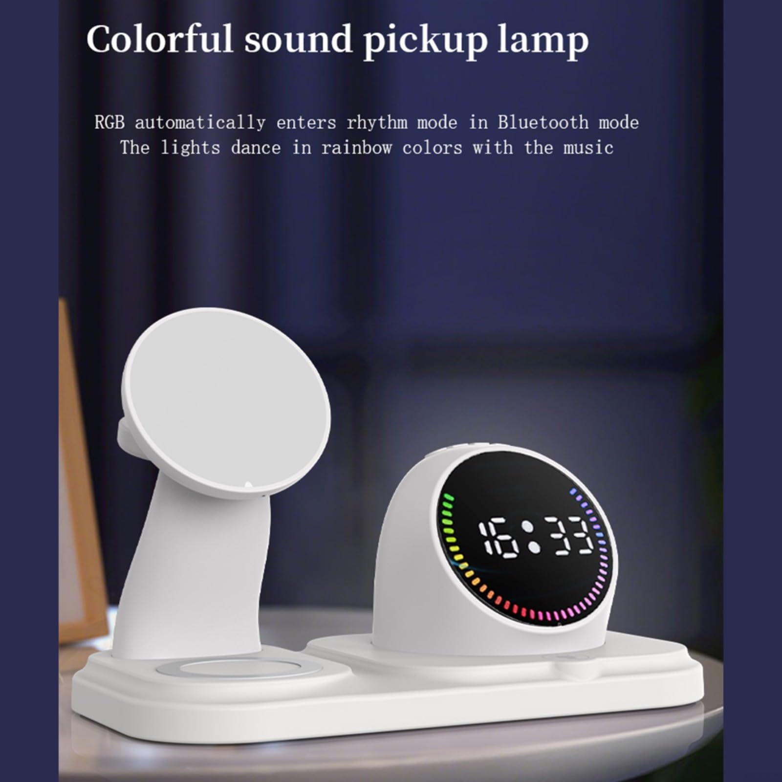Stazione di ricarica wireless con sveglia, altoparlante magnetico con luce RGB, compatibile con iPhone/orologio/Airpods, organizer da comodino, nero (nero)
