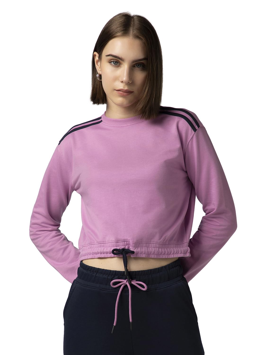 FYLTR Women's Terry Crop Top - Full Sleeve | Elasticated Waist & Cuff | Boxy Fit | Stripe Detailing | Tops for Women Western | Women t Shirt