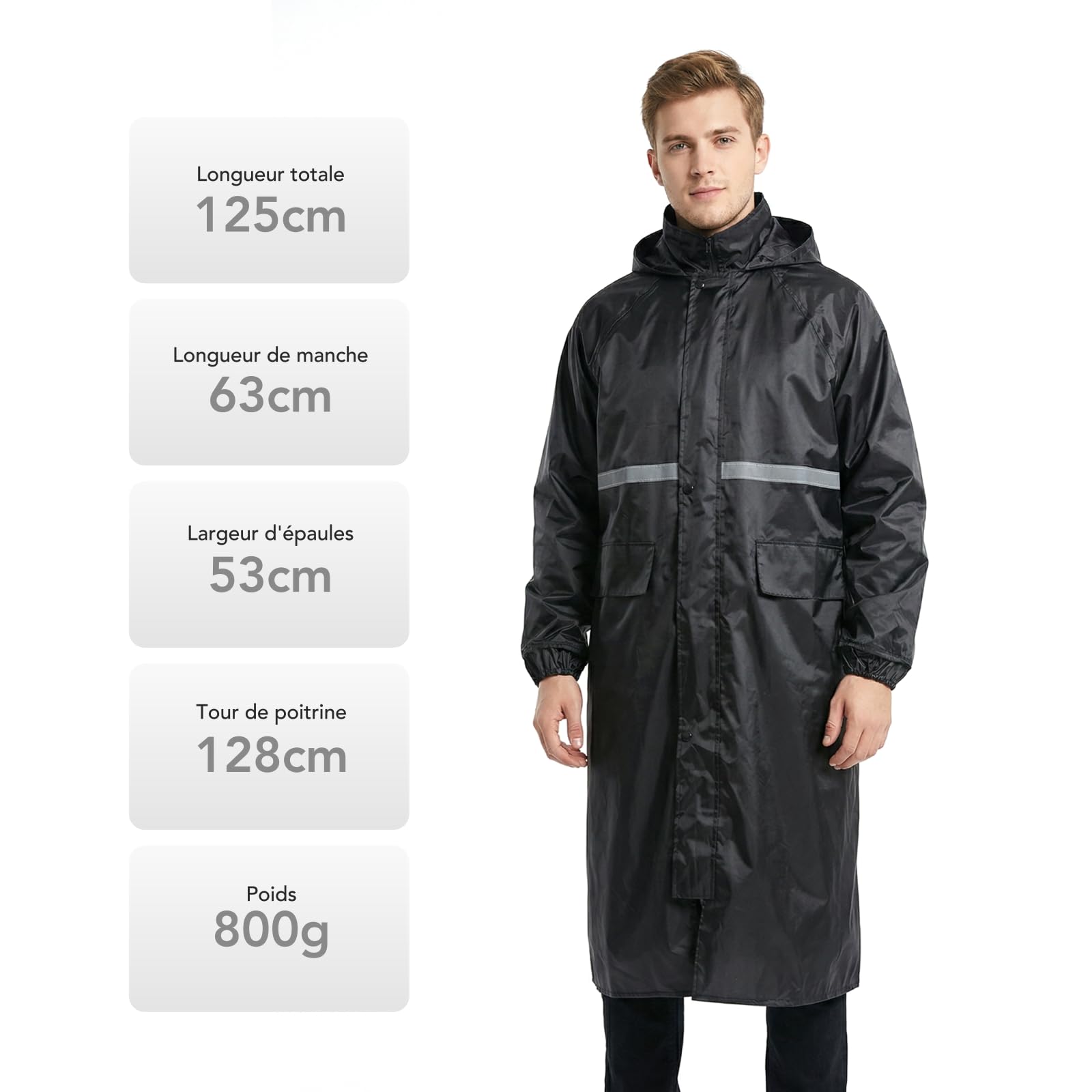 TOMSHOO Poncho de Pluie Homme Imperméable, Manteau de Pluie Long Réutilisable avec Capuche, Bandes Réfléchissantes, Poches latérales, pour Camping, Randonnée, Vélo, Trottinette et Moto