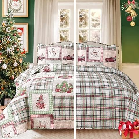Green Essen Reversible Christmas Bedding Quilts Twin Size Xmas Elf Reindeer Bedspread Lightweight New Year Coverlet Plaid Bed Quilt Holoiday Bedroon Home Decor Cover