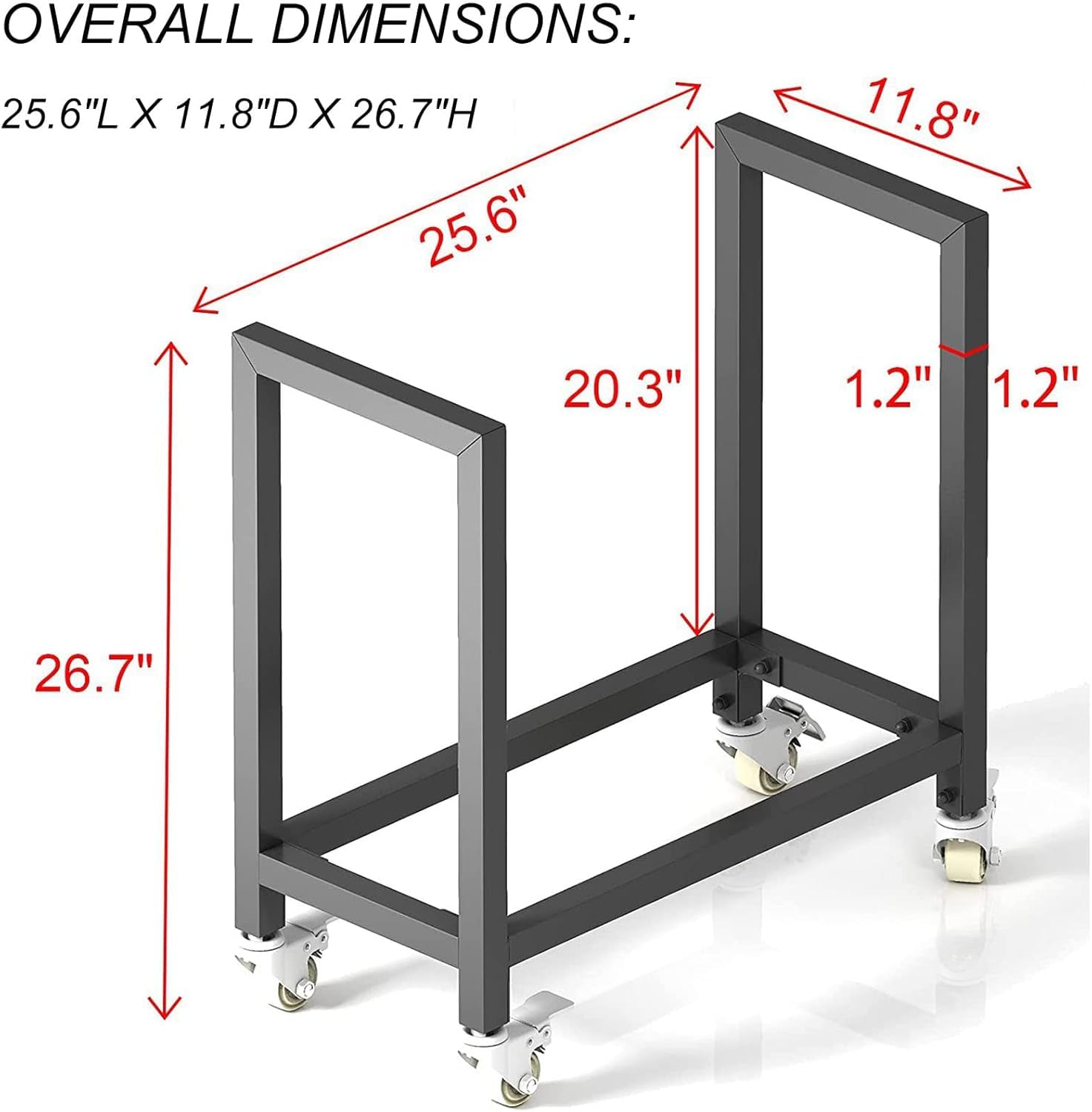 Estantería de metal para leña con ruedas, robusta estructura de acero, almacenamiento de madera para interior y exterior, capacidad de carga de 90 kg, 65 x 30 x 68 cm, color negro