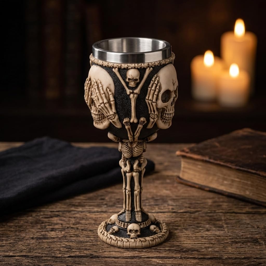 MIJOMA 3D-Totenkopf Weinglas Becher – Schädelbecher aus Kunststein und Edelstahl, mittelalterlicher Wikinger Krug, 300ml Fassungsvermögen (sieh nicht, hör nicht, sprich nicht)