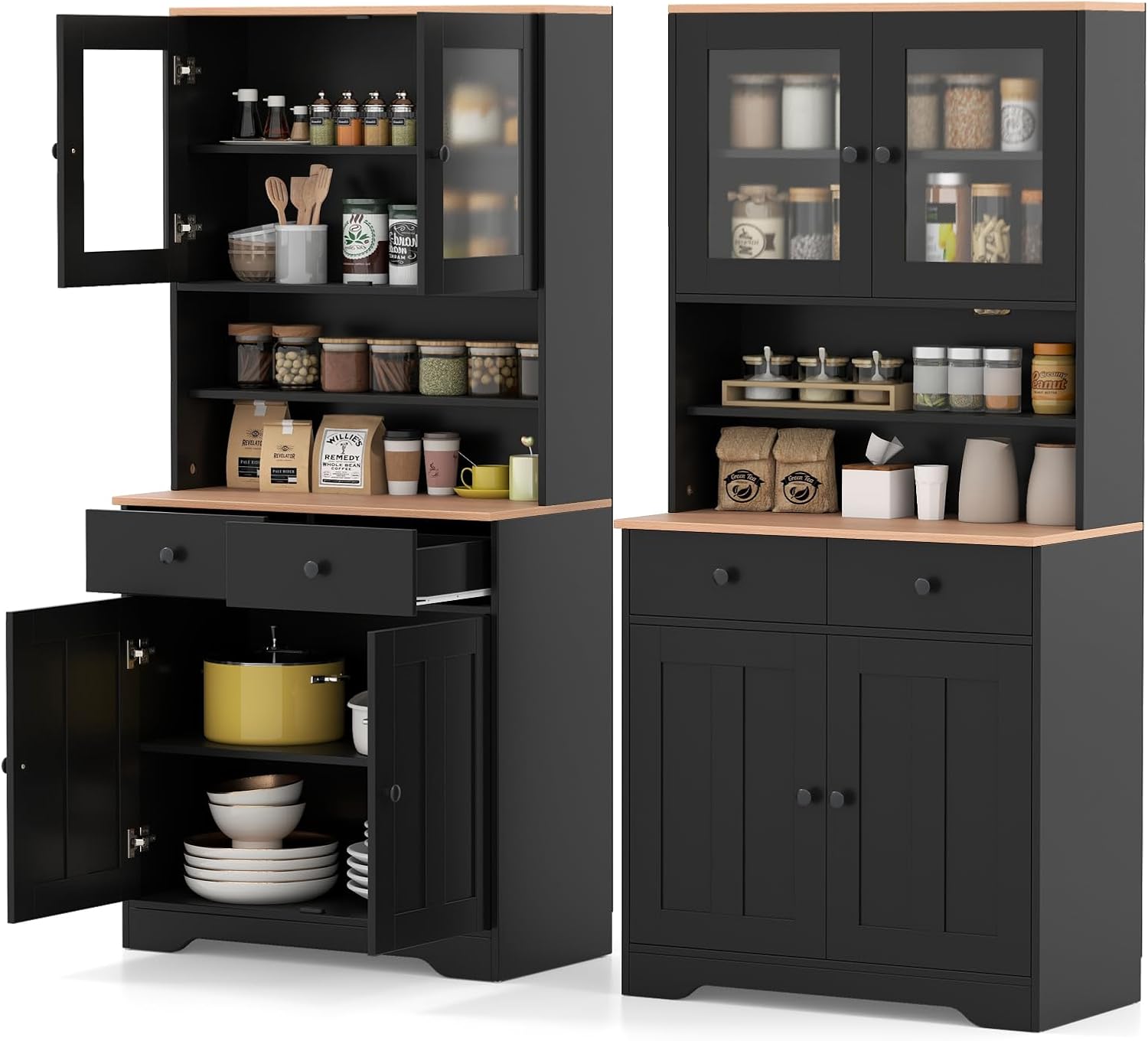 LOKO 67” Tall Kitchen Hutch Cabinet, Pantry Cabinet with 2 Removable Shelves, 2 Drawers, 2 Glass Doors & 1 Cupboard, Farmhouse Storage Organizer for Dining Room, Living Room (Black)